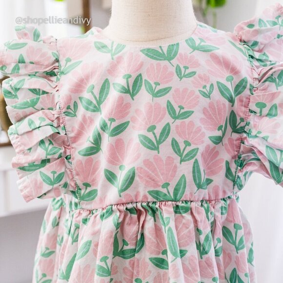 cuteheads Girls Pink and Green Floral Cotton Flutter Sleeve Pinafore Dress 5 - Picture 5 of 10